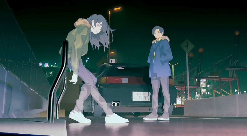 1boy, 1girl, absurdres, against_railing, black_car, black_hair, blue_coat, coat