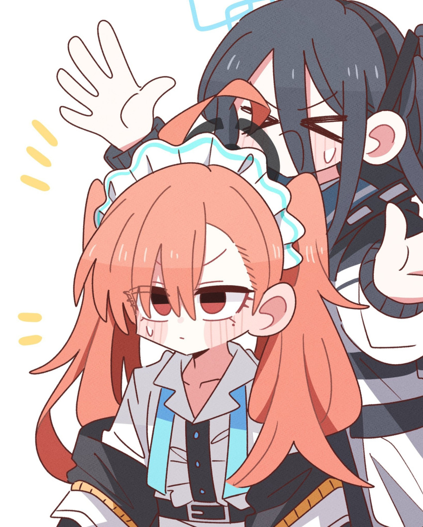 >_<, 2girls, ahoge, alternate_hairstyle, aris_(blue_archive), black_hair, blue_archive, blush, collarbone, halo, hanasii, highres, jacket, looking_ahead, maid_headdress, multiple_girls, neck_ribbon, neru_(blue_archive), orange_hair, ribbon, simple_background, sukajan, sweatdrop, twintails, undone_neck_ribbon, white_background