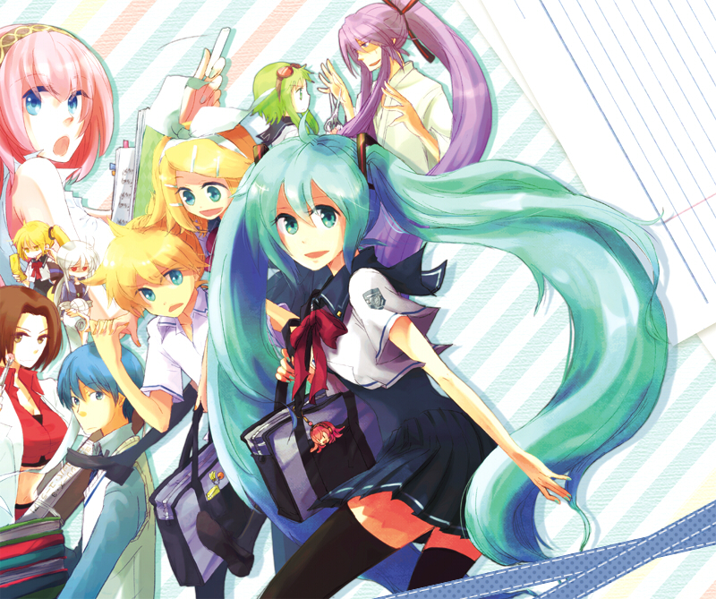 aqua_eyes, aqua_hair, cameo, gumi, hatsune_miku, kagamine_len, kagamine_rin, kaito