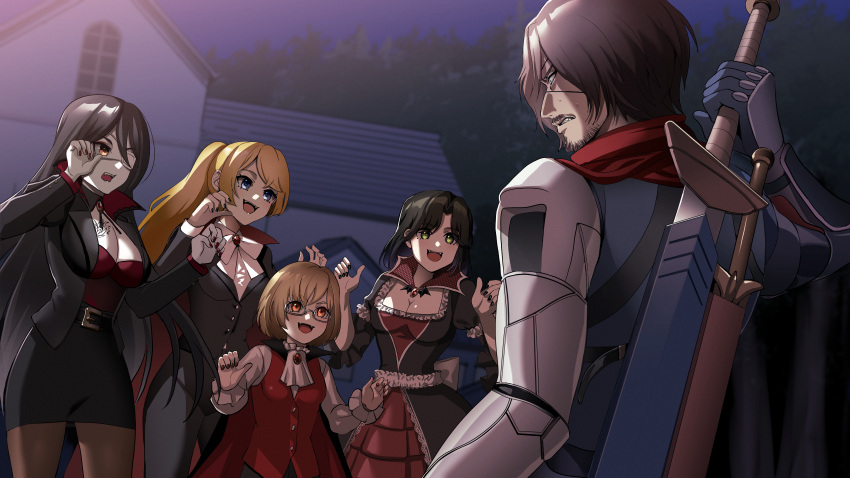 1boy, 364ing01, 4girls, absurdres, black_hair, blonde_hair, blue_eyes, brown_eyes, eyepatch, facial_hair, family, green_eyes, highres, irene_(ricky_barnes), jewelry, maya_(ricky_barnes), mechanical_arms, mimi_(ricky_barnes), mother_and_daughter, multiple_girls, nail_polish, nervous_sweating, night, original, pale_skin, ring, scabbard, scared, sheath, single_mechanical_arm, sweat, sword, sword_on_back, tall_female, vampire_costume, weapon, weapon_on_back, wedding_ring, wife_and_wife