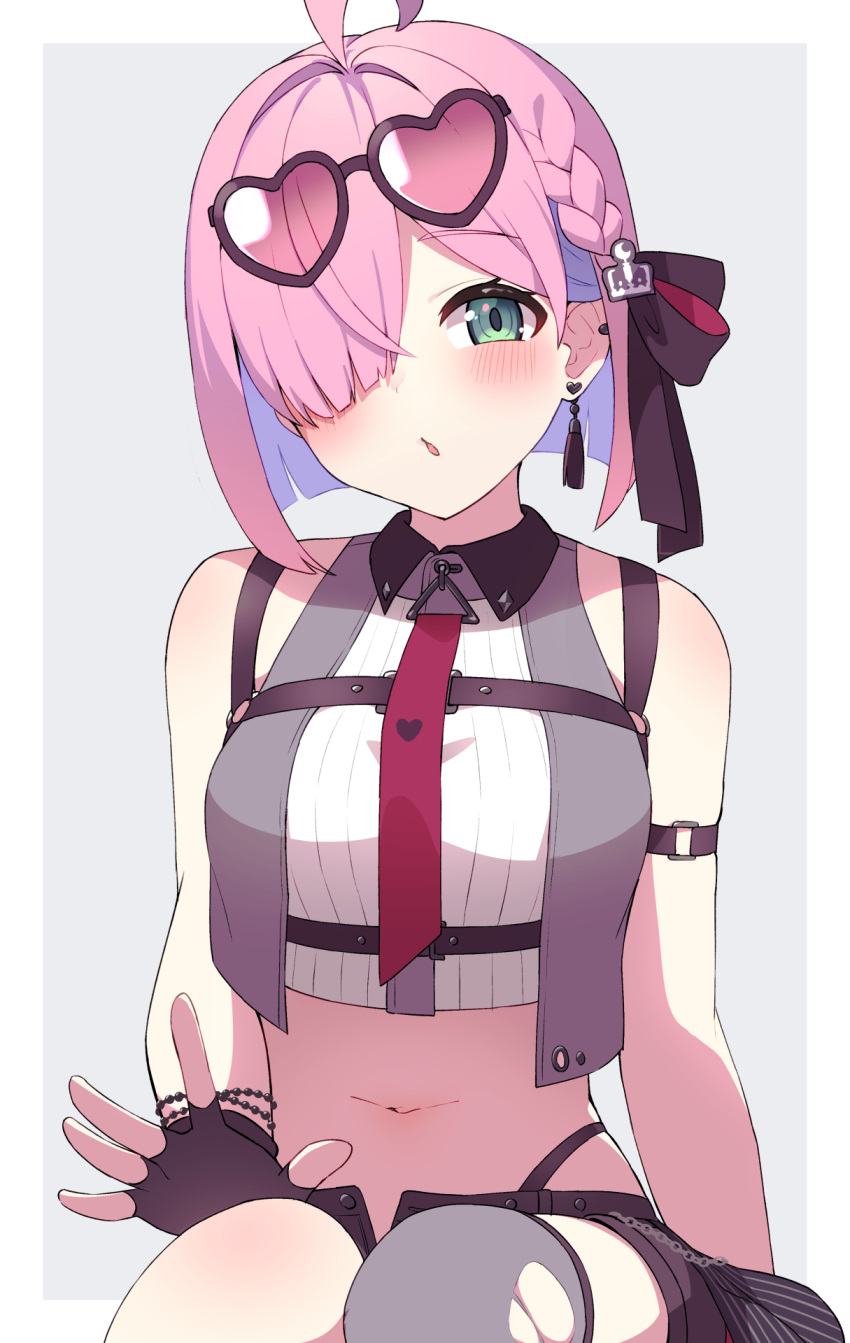 ahoge, asymmetrical_bangs, black_gloves, black_shorts, braid, braided_bangs, colored_inner_hair, earrings