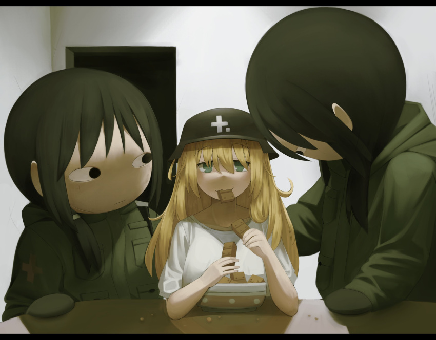 3girls, :3, black_hair, blank_room_soup, blonde_hair, chito_(shoujo_shuumatsu_ryokou), doorway, eating, elbow_rest, field_ration, food, food_in_mouth, green_eyes, helmet, highres, holding, holding_food, indoors, long_hair, looking_at_viewer, low_twintails, mafurara, mouth_hold, multiple_girls, shirt, short_sleeves, shoujo_shuumatsu_ryokou, t-shirt, table, twintails, yuuri_(shoujo_shuumatsu_ryokou)