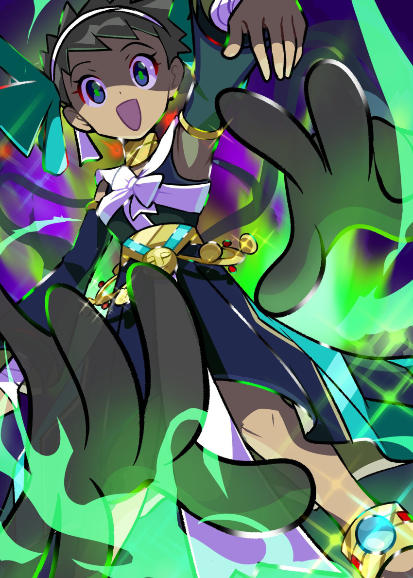 1girl, :d, anklet, armpits, blue_eyes, brown_hair, cofagrigus, dark-skinned_female, dark_skin, detached_sleeves, dress, highres, jewelry, looking_at_viewer, monaka_mom, official_alternate_costume, open_mouth, phoebe_(fall_2023)_(pokemon), phoebe_(pokemon), pokemon, pokemon_(creature), pokemon_(game), pokemon_masters_ex, short_hair, smile