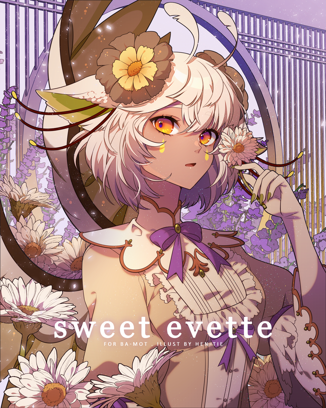 1girl, animal_ears, antenna_hair, antennae, art_trade, artist_name, blue_sky, borrowed_character, bow, bowtie, brown_shirt, buttons, character_name, collar, commentary, daisy, dark-skinned_female, dark_skin, day, english_commentary, english_text, eyelashes, flower, frilled_sleeves, frills, gate, gold_trim, green_nails, hair_flower, hair_ornament, hen-tie, high_collar, highres, holding, holding_flower, juliet_sleeves, lavender_(flower), lilidae, long_sleeves, looking_at_viewer, open_mouth, orange_eyes, original, puffy_sleeves, purple_bow, purple_bowtie, purple_flower, purple_garter, shirt, short_hair, sky, sleeve_garter, teardrop_facial_mark, two-tone_sleeves, upper_body, watermark, white_collar, white_flower, white_shirt, white_sleeves, wings, yellow_flower