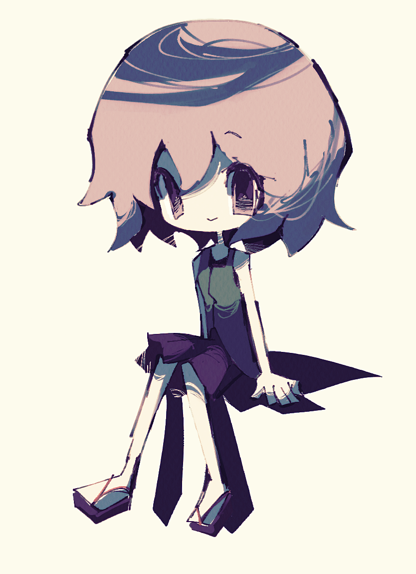 1other, androgynous, atoymk, black_shirt, book_of_the_cafe, closed_mouth, commentary_request, green_vest, grey-haired_customer_(book_of_the_cafe), grey_eyes, grey_hair, invisible_chair, len'en, no_nose, other_focus, purple_skirt, sandals, shirt, sitting, skirt, sleeveless, sleeveless_shirt, smile, solo, vest