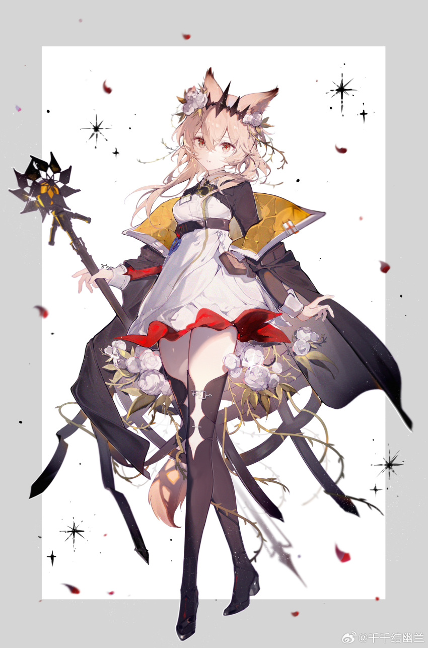 1girl, absurdres, animal_ear_fluff, animal_ears, arknights, arm_at_side, black_jacket, black_thighhighs, blonde_hair, border, breasts, commentary_request, crown, dress, falling_petals, flower, fox_ears, fox_girl, fox_tail, grey_background, highres, holding, holding_staff, jacket, jacket_on_shoulders, medium_breasts, open_clothes, open_jacket, petals, qianqianjie, rose, short_hair, short_hair_with_long_locks, sidelocks, simple_background, solo, sparkle, staff, tail, thigh-highs, vendela_(arknights), weibo_logo, weibo_username, white_background, white_dress, white_flower, white_rose