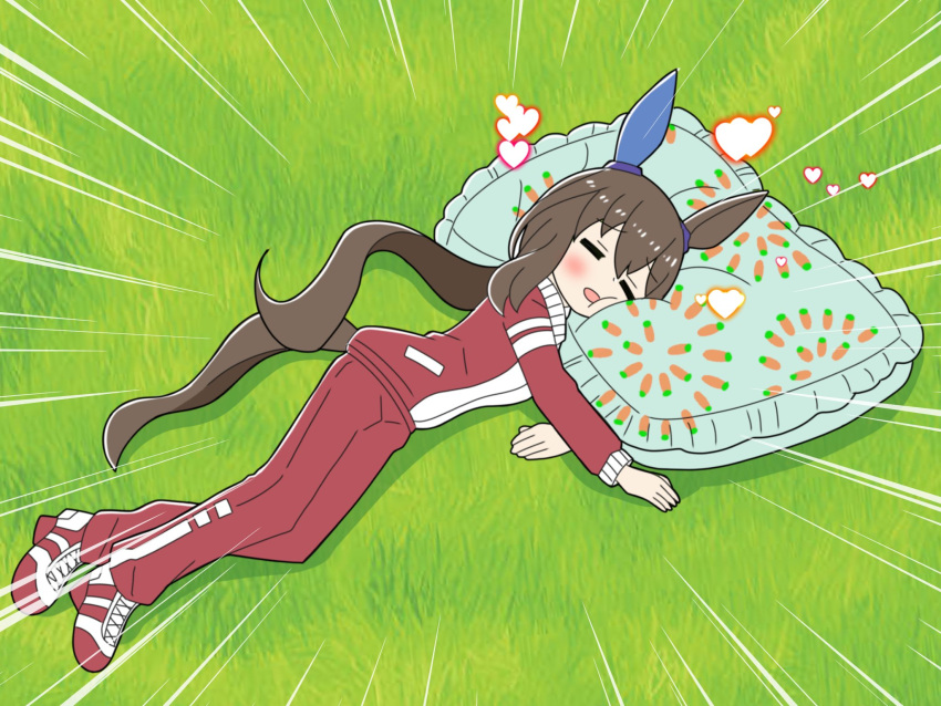 1girl, =_=, admire_vega_(umamusume), animal_ears, blush, brown_hair, closed_eyes, commentary_request