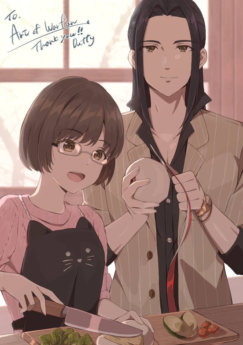 absurdres, apple, avocado, black_hair, black_shirt, brown_eyes, brown_hair, commission, cooking, duffy, food, fruit, glasses, highres, kitchen_knife, long_hair, mimi_(ricky_barnes), original, shirt, short_hair, skeb_commission, sleeves_rolled_up, uncle_and_niece, watch