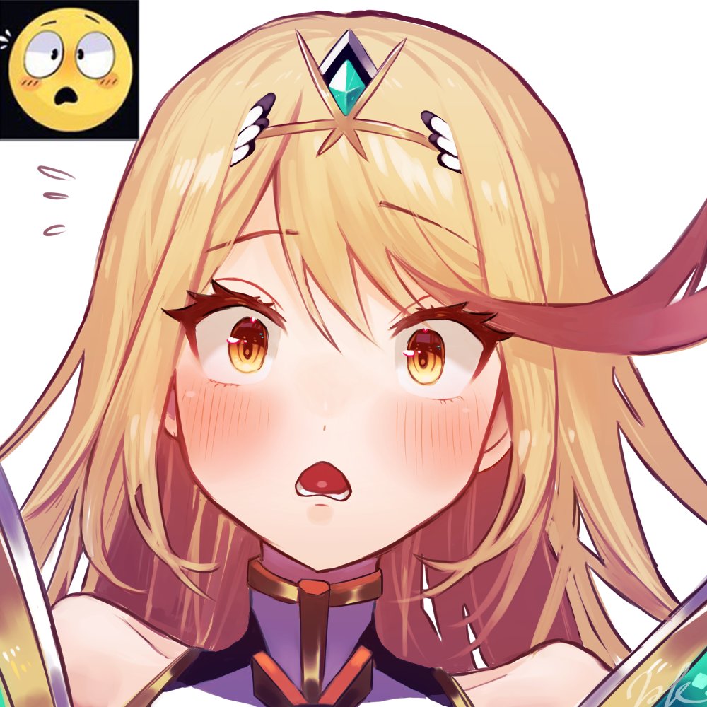 1girl, :o, blonde_hair, blush, breasts, commentary_request, earrings, emoji