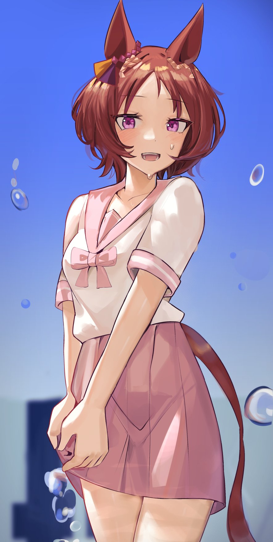 1girl, animal_ears, brown_hair, collarbone, cowboy_shot, highres, horse_ears, horse_girl