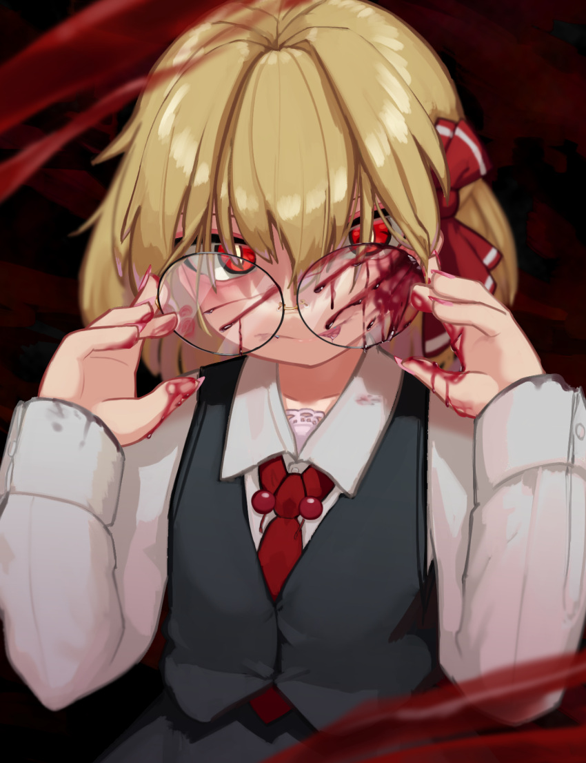 1girl, adjusting_eyewear, black_skirt, black_vest, blonde_hair, blood, blood_on_eyewear, blood_on_hands