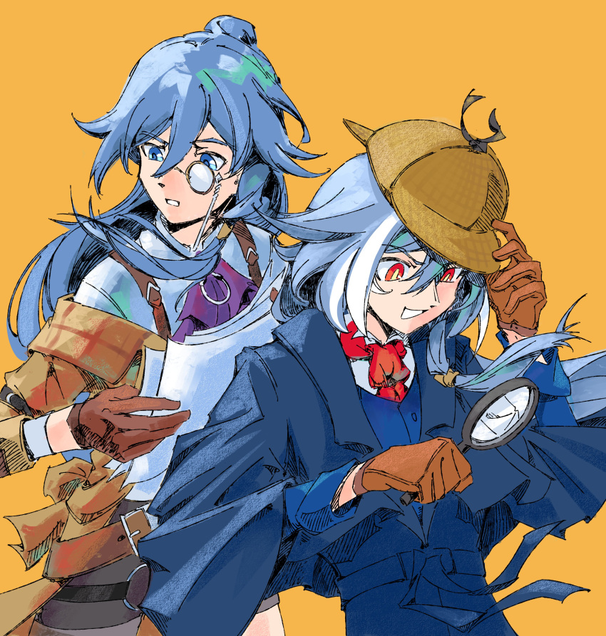 2girls, absurdres, ascot, black_coat, blue_eyes, brown_gloves, coat, commentary