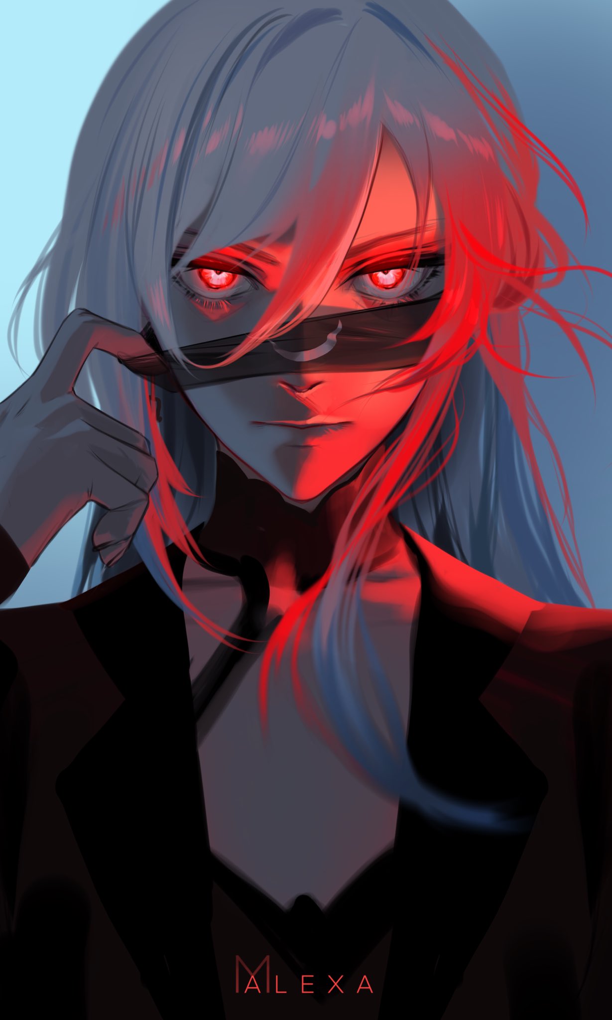 1girl, blue_hair, chinese_text, closed_mouth, eye_mask, eyelashes, hair_between_eyes, highres