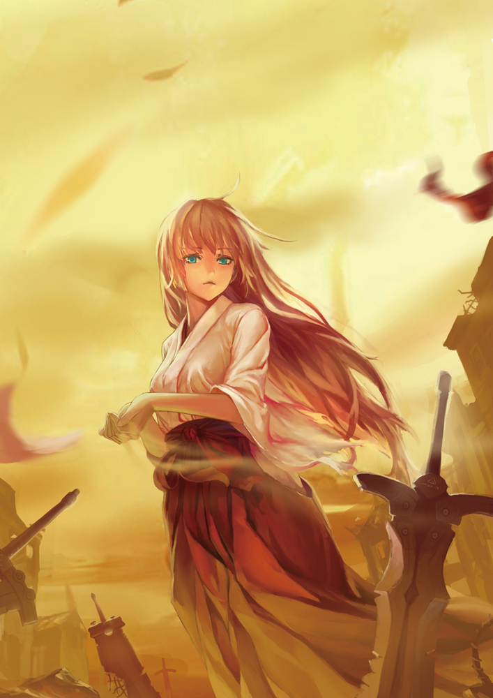 blonde_hair, green_eyes, hime_cut, japanese_clothes, jiemaowanwan, long_hair, miko, original