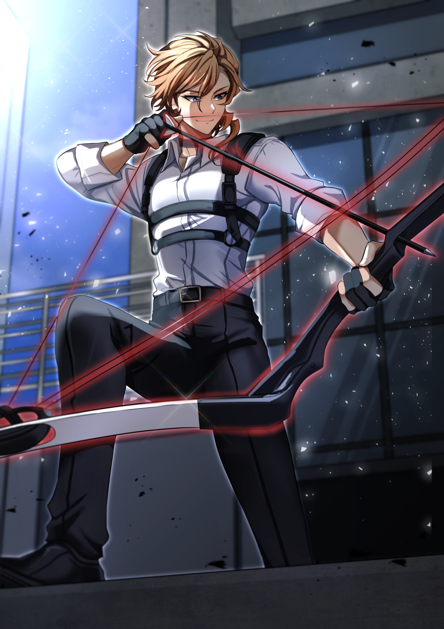 1boy, arrow_(projectile), belt, black_belt, black_footwear, black_gloves, black_pants, blue_eyes