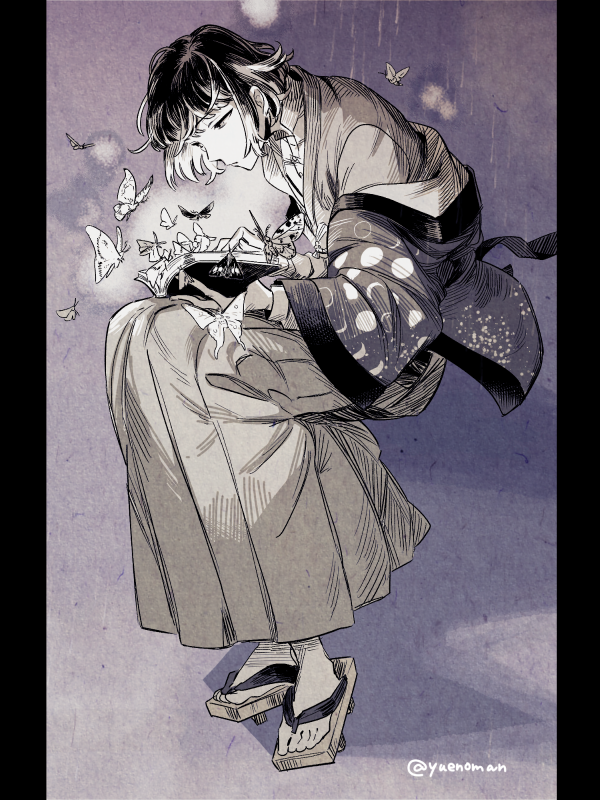 1boy, black_border, bob_cut, book, border, bug, bungou_to_alchemist, butterfly