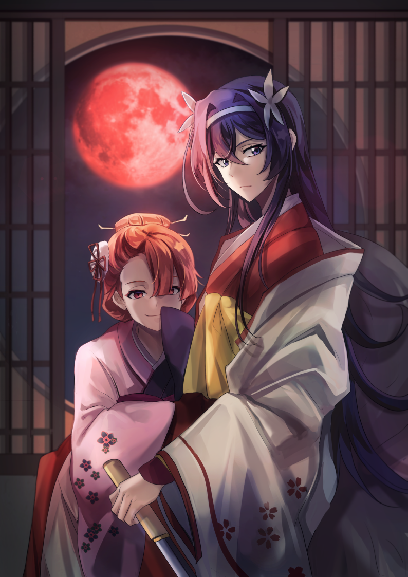 2girls, aged_up, arm_guards, asymmetrical_bangs, blue_eyes, blue_hair, blunt_ends, bungou_stray_dogs, closed_mouth, covering_mouth, dagger, dark_blue_hair, expressionless, feet_out_of_frame, floral_print, flower, full_moon, hair_between_eyes, hair_bun, hair_flower, hair_intakes, hair_ornament, hair_stick, hairband, haori, holding, holding_dagger, holding_knife, holding_weapon, izumi_kyouka_(bungou_stray_dogs), jacket, japanese_clothes, kimono, knife, long_hair, looking_at_viewer, looking_to_the_side, moon, multiple_girls, myagarin, night, obi, off_shoulder, orange_hair, ozaki_kouyou_(bungou_stray_dogs), pink_kimono, pom_pom_(clothes), pom_pom_hair_ornament, red_eyes, red_kimono, red_moon, reverse_grip, round_window, sash, shouji, single_hair_bun, sliding_doors, smile, weapon, white_hairband, white_jacket, wide_sleeves, window, yellow_sash