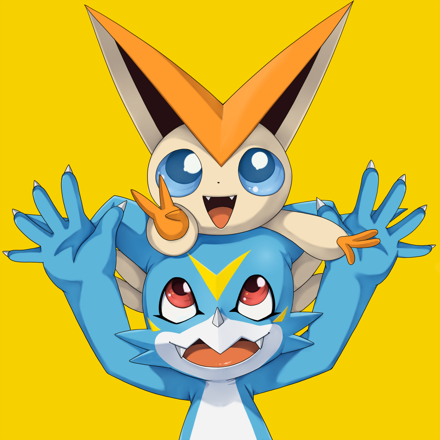 2others, blue_eyes, crossover, digimon, digimon_(creature), fangs, looking_at_another, looking_at_viewer