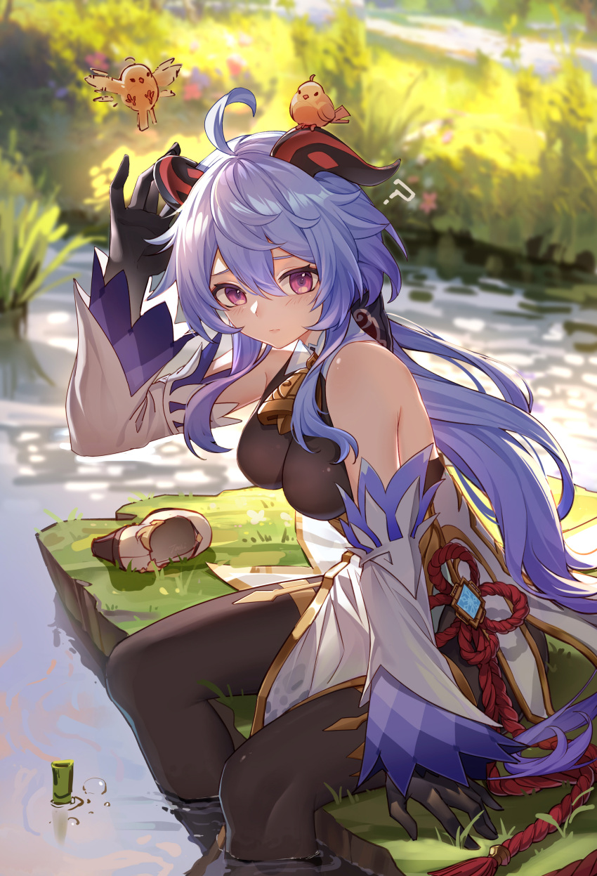 1girl, ?, absurdres, ahoge, animal_on_head, bare_shoulders, bell, bird