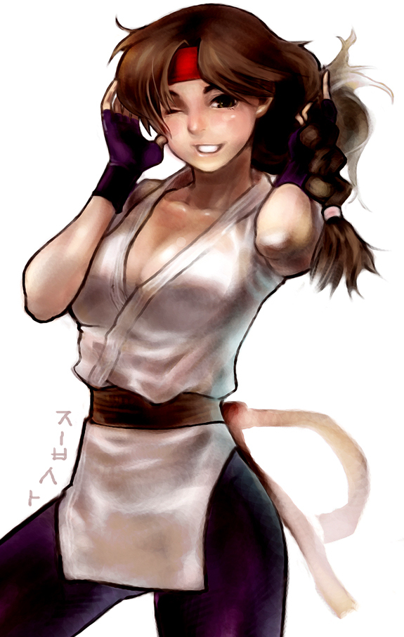 braid, breasts, brown_eyes, brown_hair, cleavage, dougi, fingerless_gloves, gloves