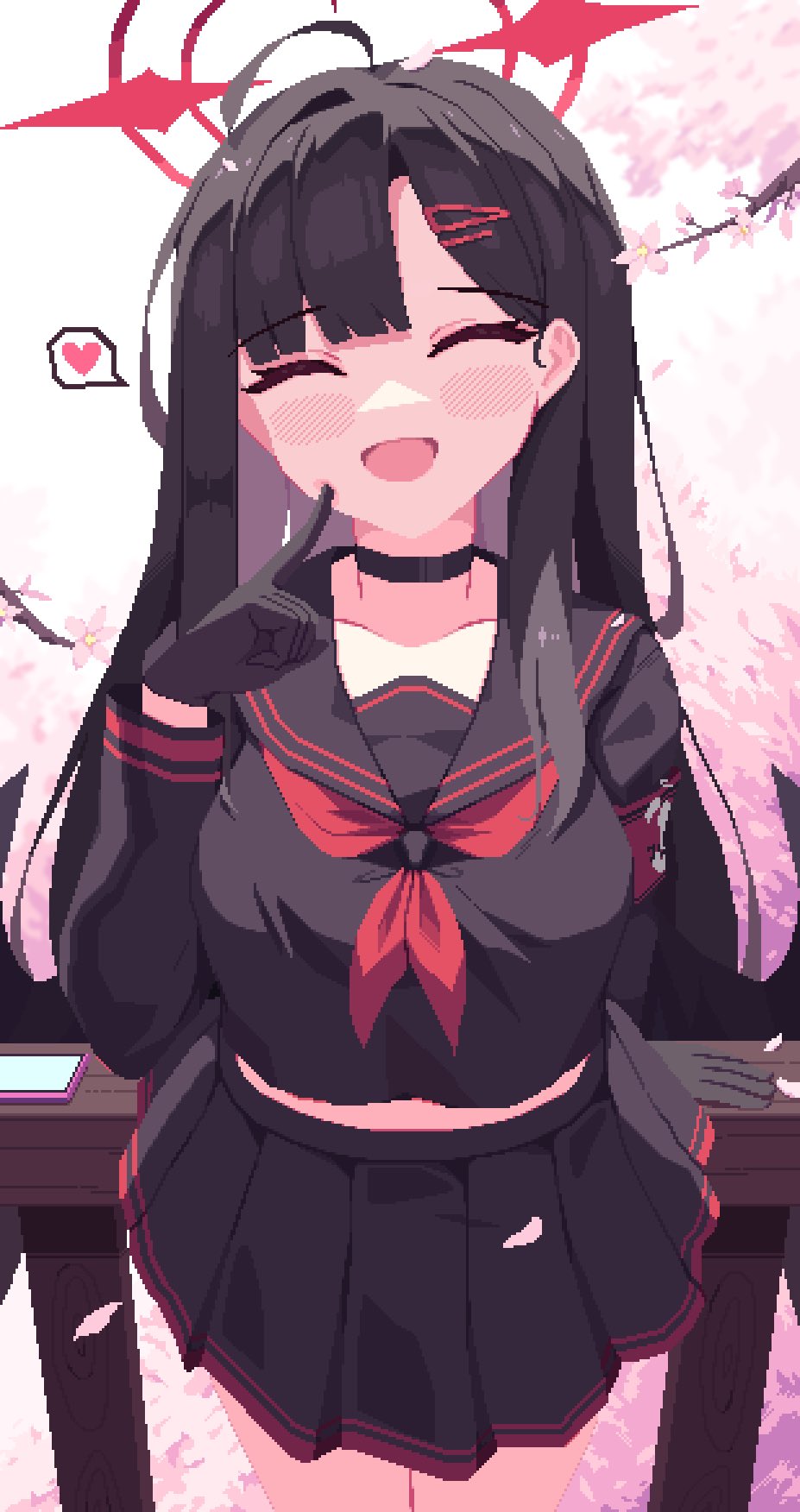1girl, black_choker, black_hair, black_sailor_collar, black_serafuku, black_skirt, blue_archive, cherry_blossoms