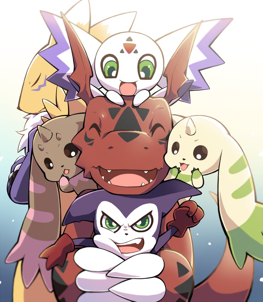 6+others, claws, clenched_hand, closed_eyes, culumon, digimon, digimon_(creature), gloves, green_eyes, guilmon, holding_digimon, horns, impmon, lao_wen, looking_at_viewer, lopmon, multiple_boys, multiple_others, no_humans, open_mouth, red_gloves, renamon, teeth, terriermon, upper_teeth_only