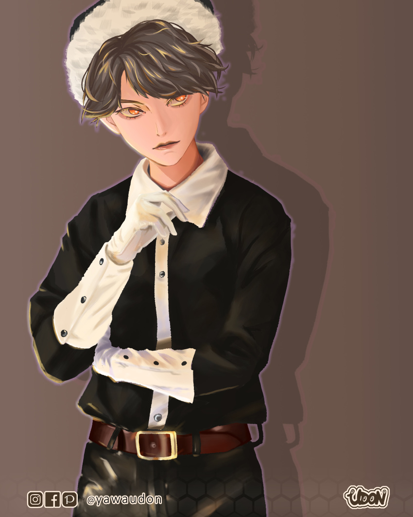 1boy, absurdres, artist_logo, belt, black_hair, black_headwear, black_jacket, black_night_parade, black_pants, brown_background, closed_mouth, collared_jacket, gloves, highres, jacket, looking_to_the_side, male_focus, miharu_hino, orange_eyes, pants, santa_costume, short_hair, solo, twitter_username, udon_(yawaudon), white_gloves