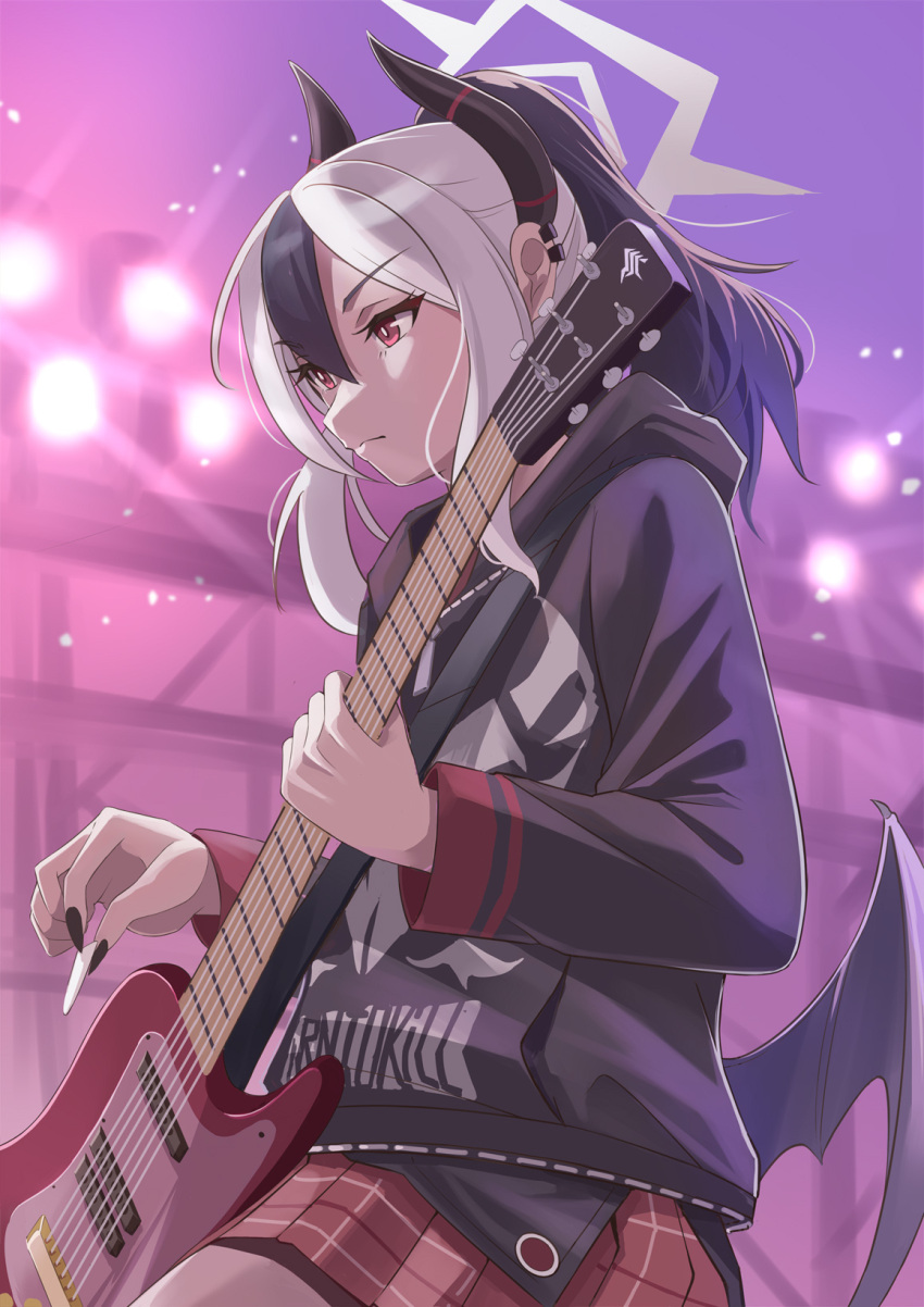 1girl, black_hair, black_hoodie, black_horns, blue_archive, closed_mouth, demon_horns, hair_between_eyes