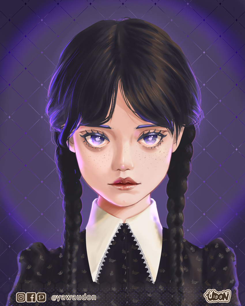 1girl, absurdres, addams_family, argyle, argyle_background, artist_logo, black_dress, black_hair, braid, commentary, dress, eyelashes, freckles, frilled_shirt_collar, frills, gothic, highres, lipstick, long_hair, makeup, purple_background, smile, solo, straight-on, twin_braids, twitter_username, udon_(yawaudon), upper_body, violet_eyes, wednesday_(netflix), wednesday_addams