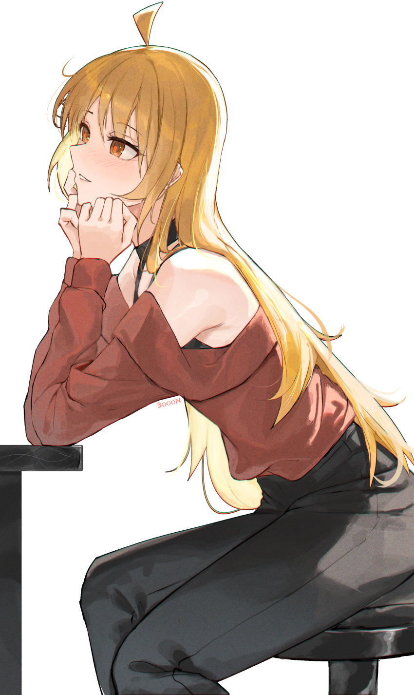 1girl, absurdres, ahoge, ai-bon, artist_name, bar_stool, bare_shoulders, black_choker, black_pants, black_tank_top, blonde_hair, blush, bocchi_the_rock!, choker, commentary, elbow_rest, elbows_on_table, feet_out_of_frame, from_side, hands_on_own_chin, head_rest, highres, ijichi_seika, leaning_forward, leaning_on_object, light_smile, long_hair, long_sleeves, looking_ahead, off-shoulder_sweater, off_shoulder, on_stool, orange_eyes, pants, parted_lips, red_sweater, shirt_tucked_in, simple_background, sitting, solo, stool, sweater, table, tank_top, very_long_hair, white_background