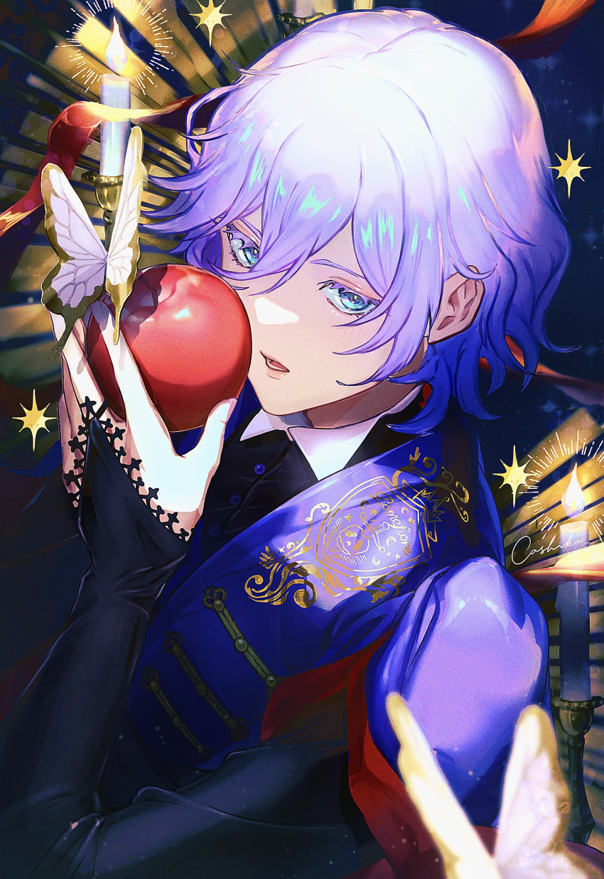 1boy, absurdres, apple, black_bridal_gauntlets, black_shirt, blue_background, blue_eyes, bridal_gauntlets