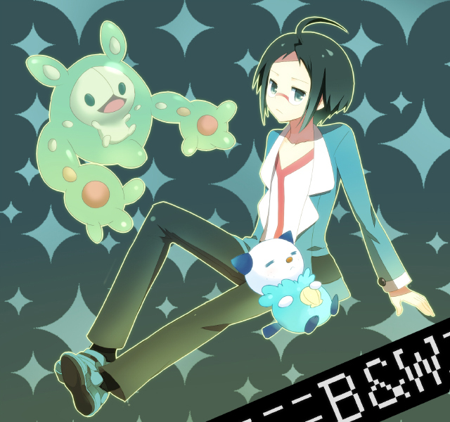 cheren_(pokemon), glasses, kokuro, long_hair, male, oshawott, pokemon, pokemon_(game), pokemon_black_and_white, pokemon_bw, reuniclus