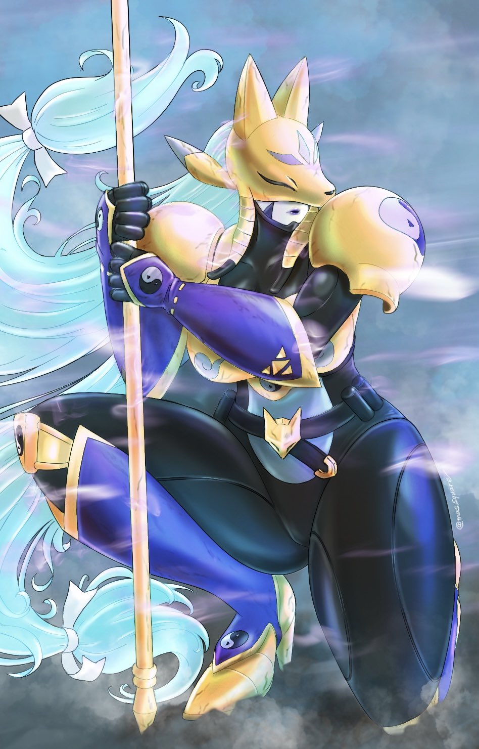 1girl, armor, black_gloves, blue_hair, bow, covered_eyes, digimon, digimon_(creature), fox_mask, gloves, hair_bow, highres, holding, holding_polearm, holding_weapon, light_blue_hair, long_hair, mas_square, mask, on_one_knee, outdoors, pauldrons, polearm, sakuyamon, shoulder_armor, solo, vambraces, very_long_hair, weapon, white_bow, yin_yang