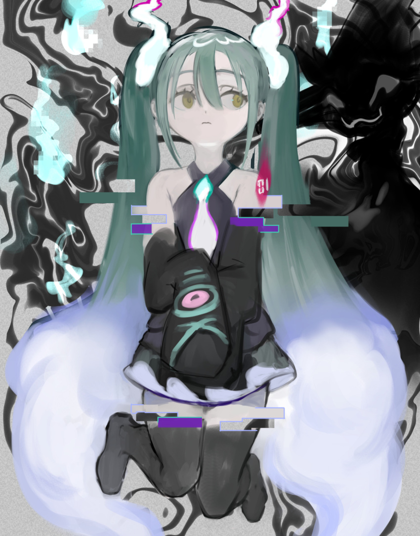 1girl, bare_shoulders, black_skirt, black_sleeves, closed_mouth, commentary_request, detached_arm, detached_legs