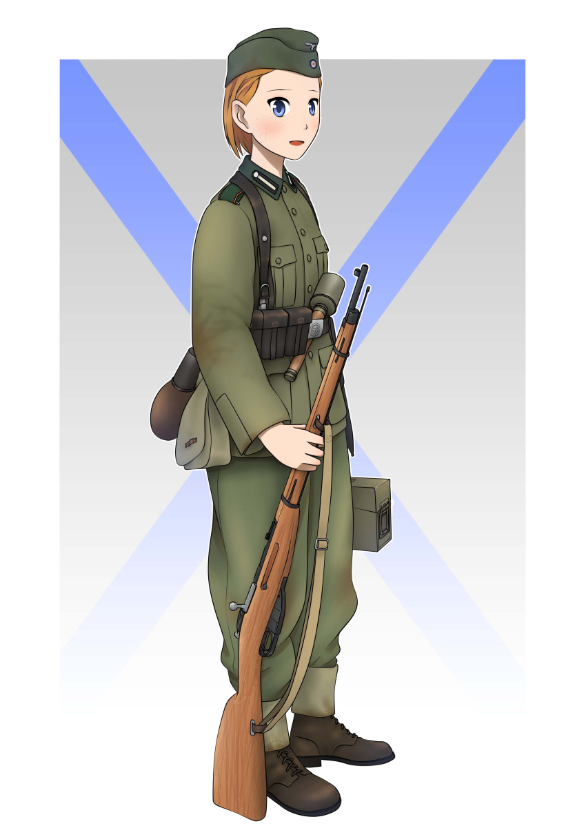 1girl, absurdres, ammunition_box, ammunition_pouch, belt_pouch, blue_background, blush, bolt_action