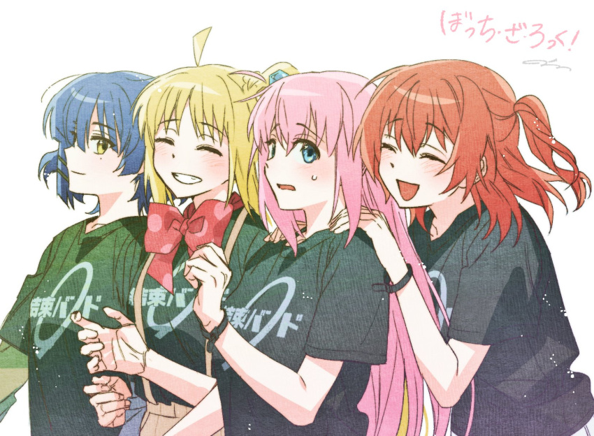 4girls, :d, ^_^, ahoge, bim0ngsam0ng, black_shirt, blonde_hair, blue_eyes