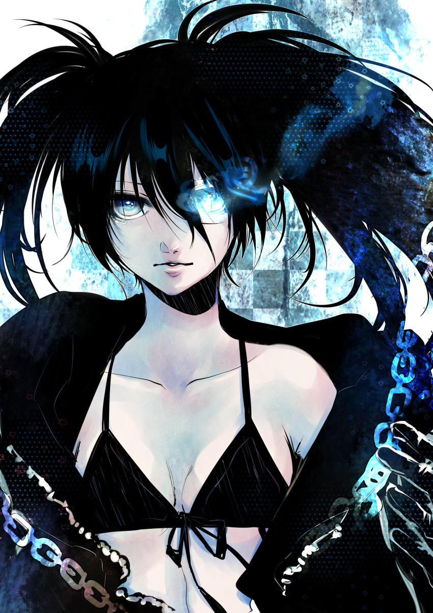 bad_id, bikini_top, black_hair, black_rock_shooter, black_rock_shooter_(character), blue_eyes, breasts, chain
