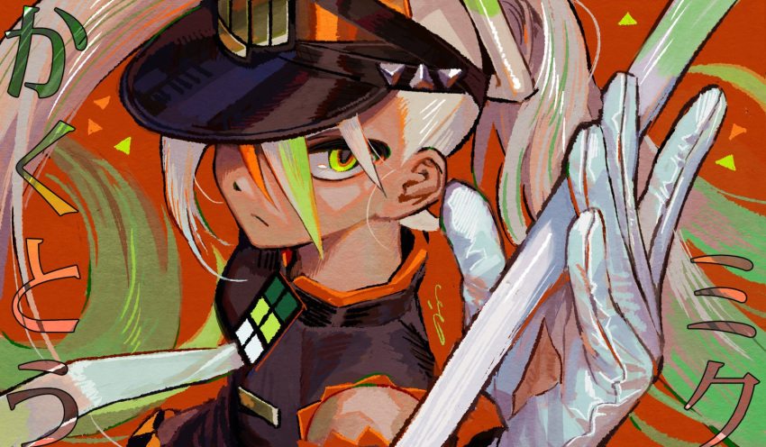 1girl, bim0ngsam0ng, black_dress, character_name, closed_mouth, dress, fighting_miku_(project_voltage), food, frown, gloves, green_eyes, green_hair, hair_between_eyes, hand_up, hatsune_miku, holding, holding_food, holding_spring_onion, holding_vegetable, long_hair, looking_at_viewer, multicolored_hair, necktie, orange_background, orange_hair, pokemon, project_voltage, solo, spring_onion, streaked_hair, twintails, upper_body, vegetable, very_long_hair, visor_cap, vocaloid, white_gloves, white_hair, white_necktie