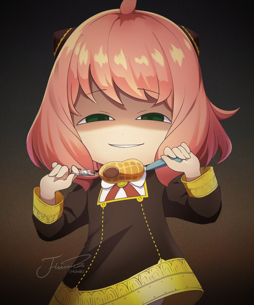 1girl, absurdres, anya's_heh_face_(meme), anya_(spy_x_family), artist_name, black_dress, child, crime_prevention_buzzer