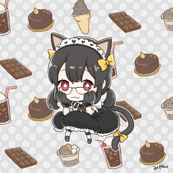 1girl, :3, animal_ears, animal_hands, black_hair, black_skirt, blush, bow