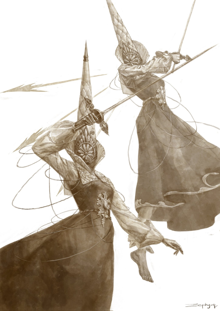 arm_up, artist_name, blasphemous_2, dress, facing_down, facing_viewer, gender_request, gloves, helmet, highres, holding, holding_sword, holding_weapon, long_sleeves, multiple_views, sepia, simple_background, sword, weapon, white_background, zephyrq