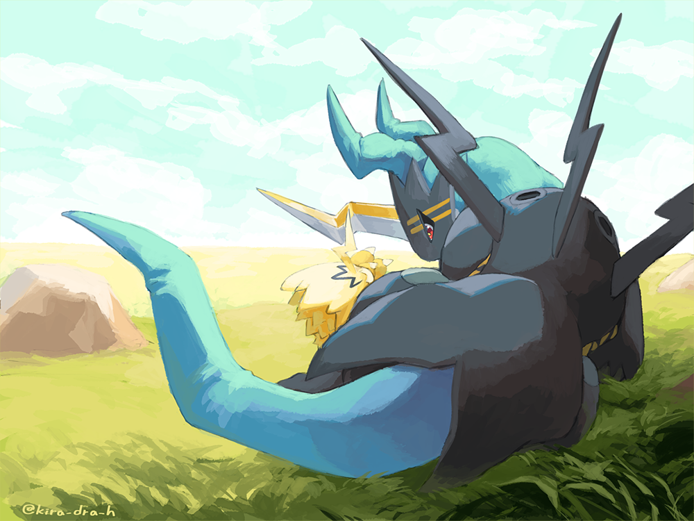 2others, armor, blue_skin, blue_sky, colored_skin, day, digimon, digimon_(creature)