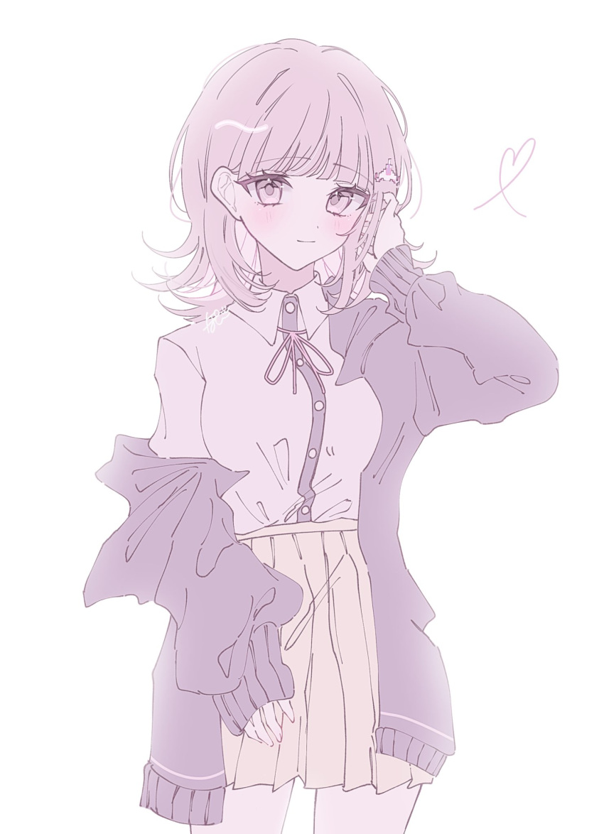 1girl, black_jacket, black_shirt, blush, breasts, closed_mouth, cowboy_shot, danganronpa_(series)