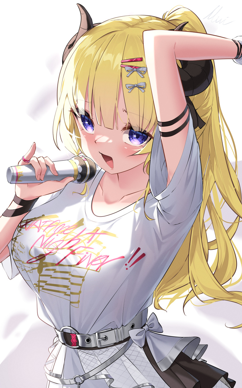 1girl, absurdres, arm_up, belt, blonde_hair, blush, dress, highres