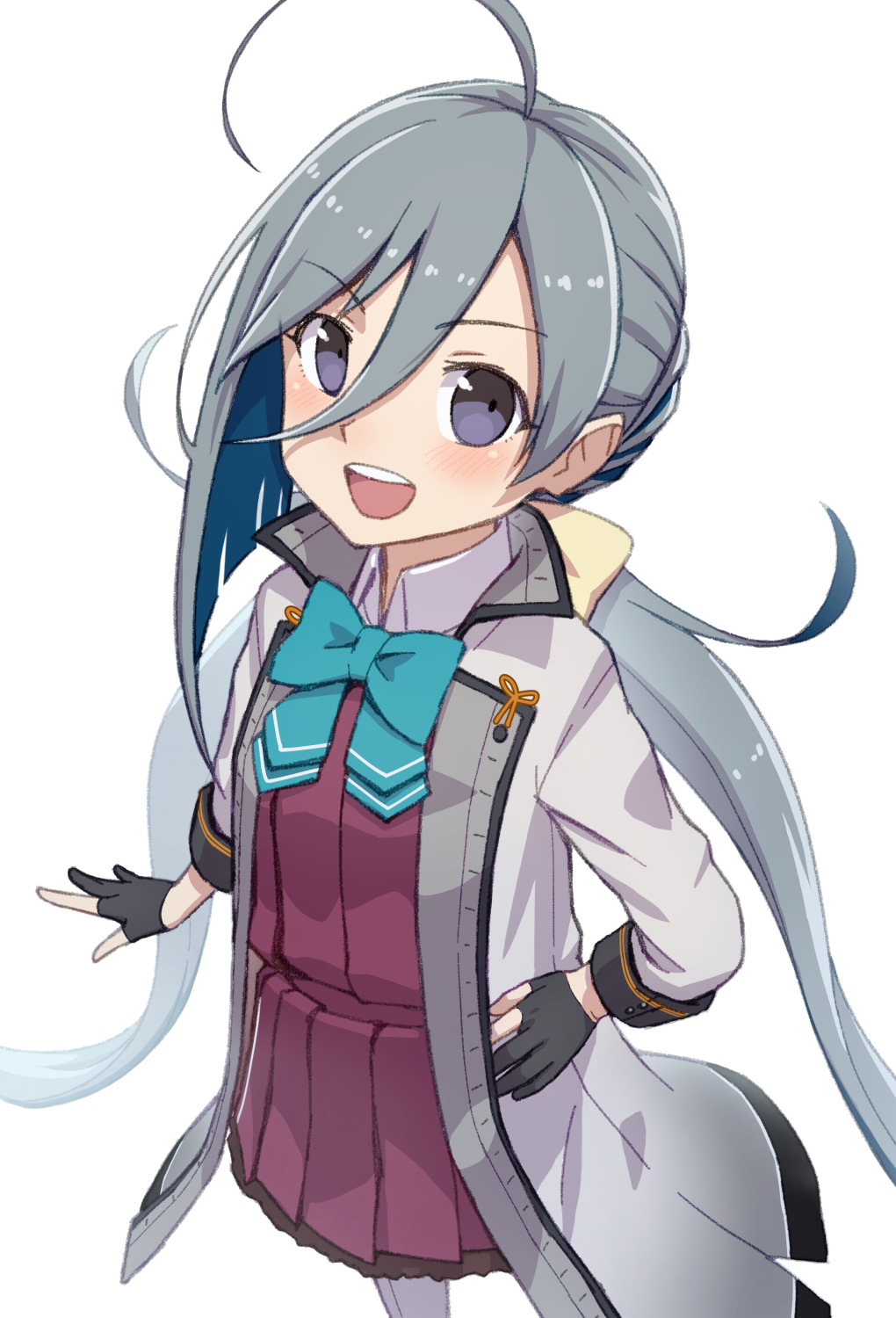 1girl, ahoge, aqua_bow, aqua_bowtie, black_gloves, bow, bowtie, coat