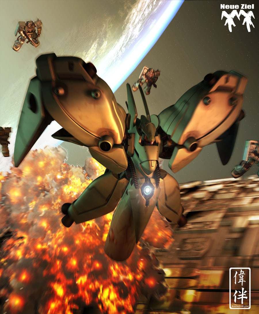 anavel_gato, explosion, gun, gundam, gundam_0083, machine_gun, mecha, neue_ziel, o'neill_cylinder, orbit, sandrum, space_colony, weapon, zaku, zaku_ii, zaku_ii_f2