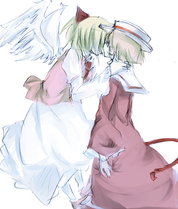 elly, gengetsu, hat, kiss, mokkos_han, multiple_girls, profile, touhou, touhou_(pc-98), wings, yuri