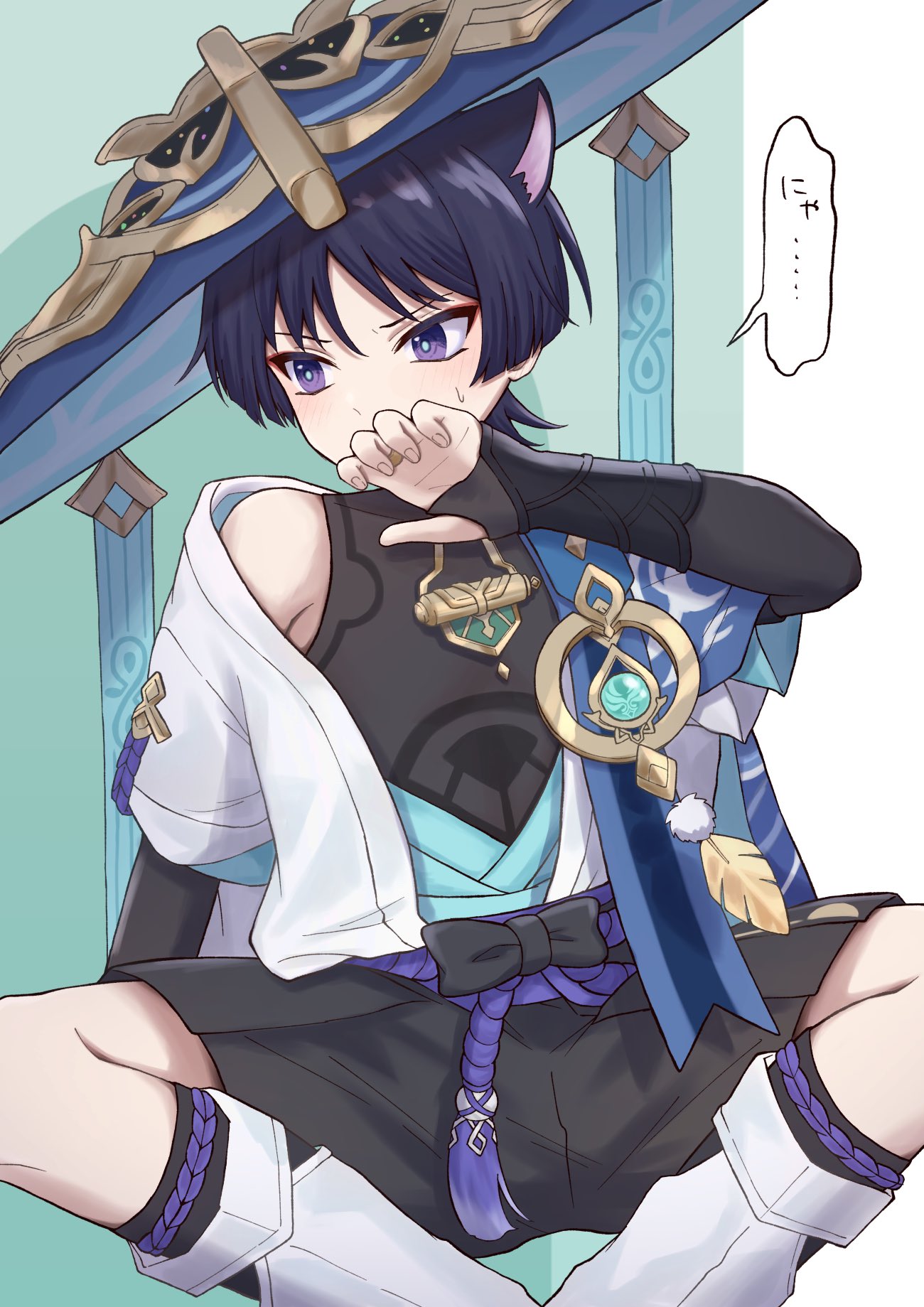 1boy, animal_ears, black_shirt, blunt_ends, blush, cat_ears, genshin_impact, hair_between_eyes