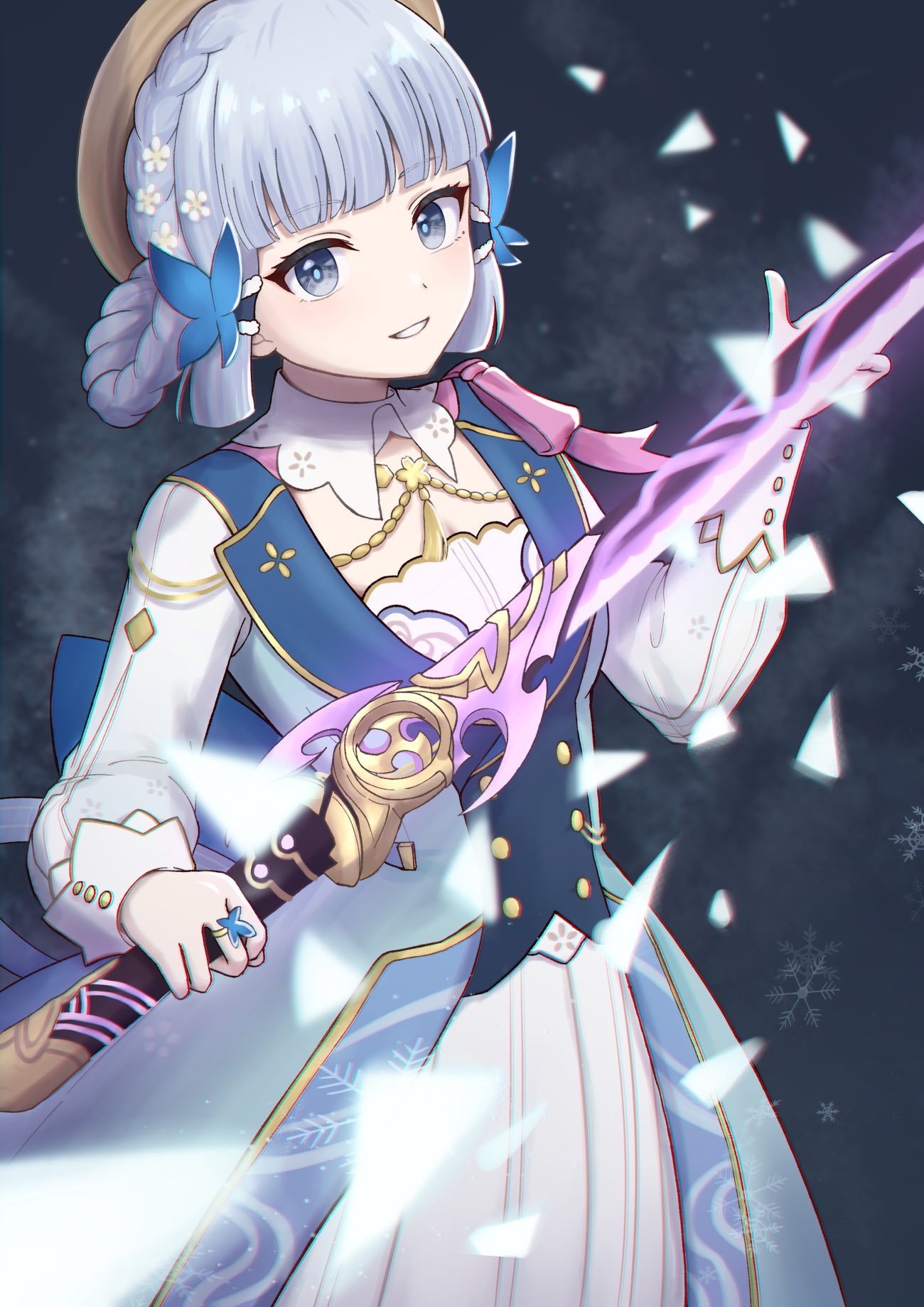 1girl, blue_dress, blue_eyes, blue_hair, blunt_bangs, blunt_tresses, braid, butterfly_hair_ornament