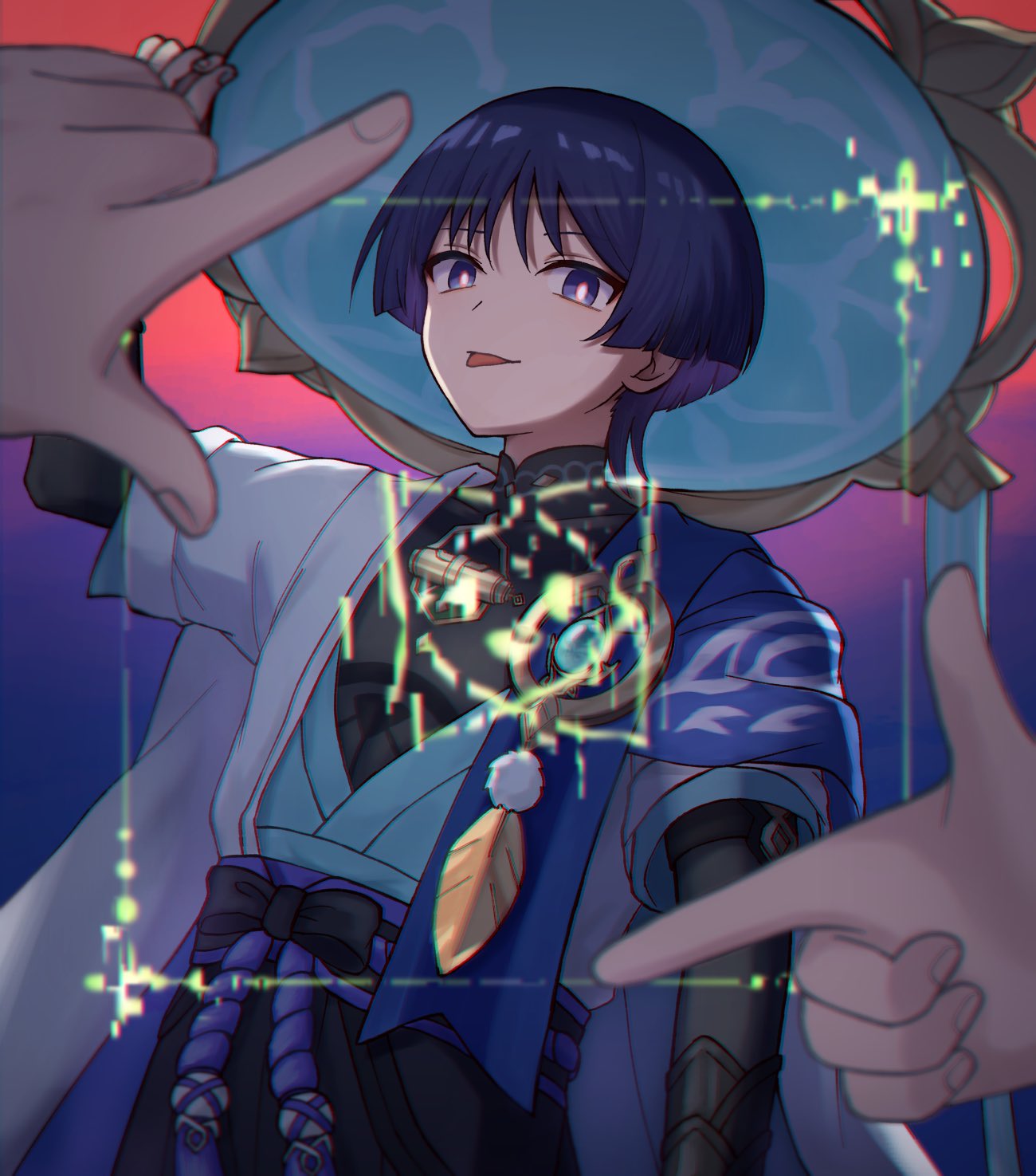2boys, black_shirt, blue_eyes, genshin_impact, hair_between_eyes, hat, highres, japanese_clothes